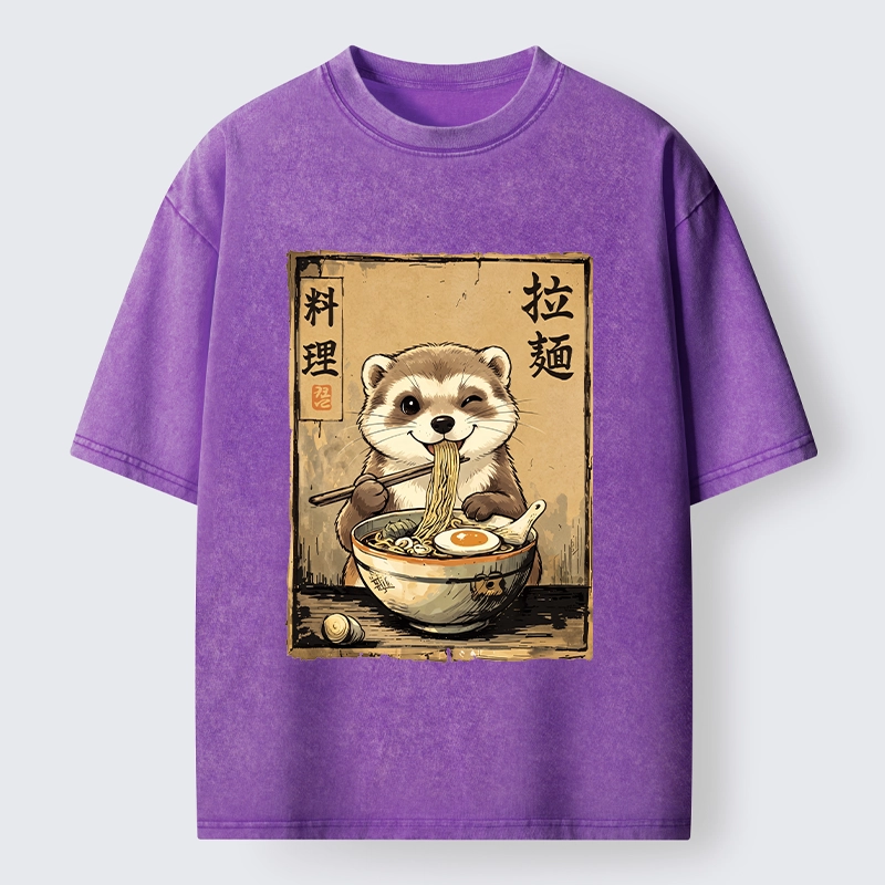 Tokyo-Tiger Ferret Eating Hot Ramen Washed T-Shirt