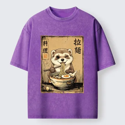 Tokyo-Tiger Ferret Eating Hot Ramen Washed T-Shirt