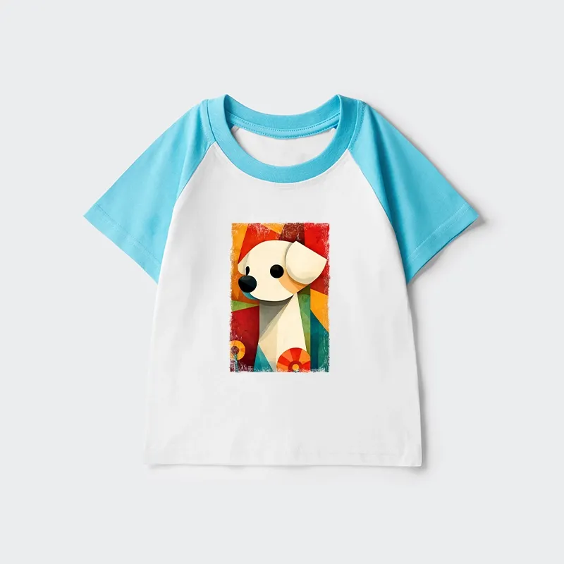 Tokyo-Tiger Retro Abstract Color Block Puppy Art Kids Raglan T-shirt Sale