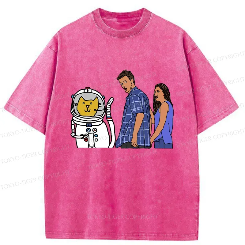 Tokyo-Tiger Funny Astronaut Cat Washed T-Shirt