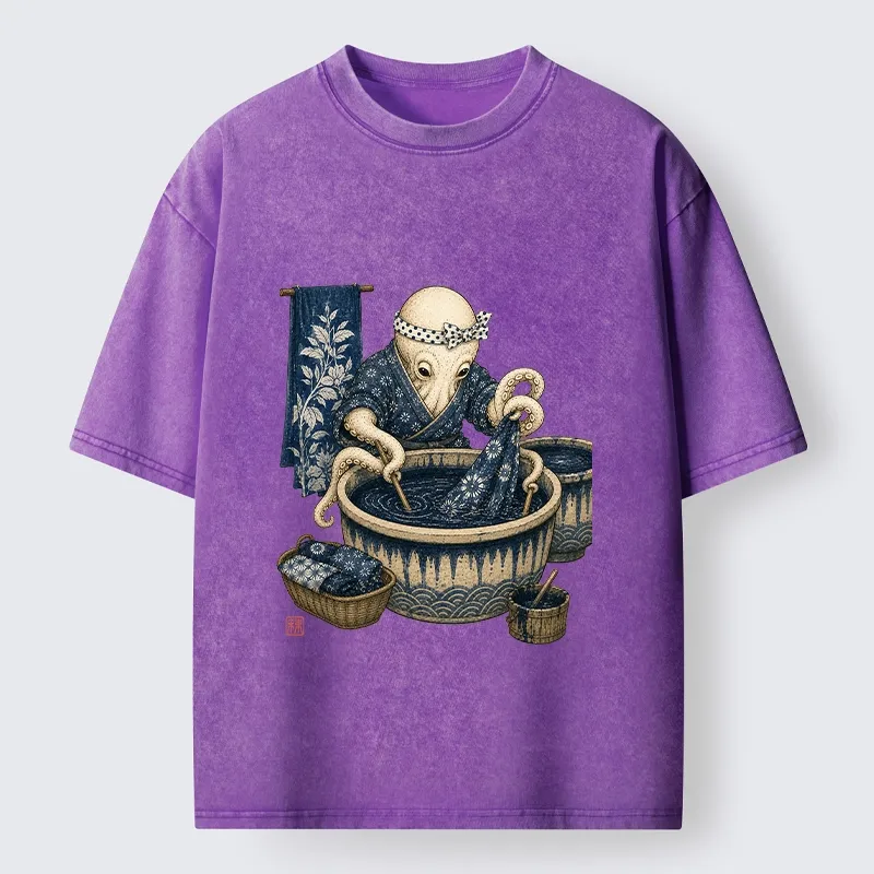 Tokyo-Tiger Kimono Dye Octopus Art Washed T-Shirt