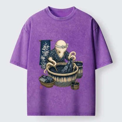 Tokyo-Tiger Kimono Dye Octopus Art Washed T-Shirt