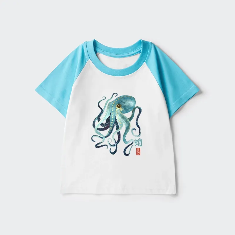 Tokyo-Tiger Soft Watercolor Octopus Japanese Art Kids Raglan T-shirt