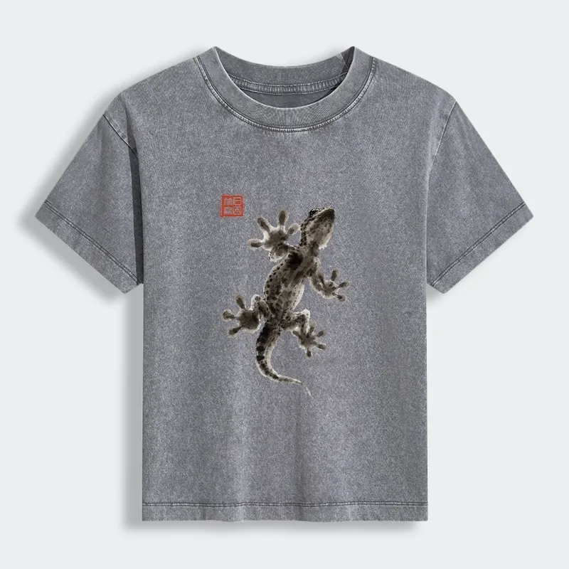 Tokyo-Tiger Minimal Asian Ink Brush Gecko Vibe Women's Washed T-shirt