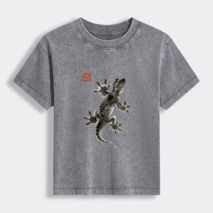 Tokyo-Tiger Minimal Asian Ink Brush Gecko Vibe Women's Washed T-shirt