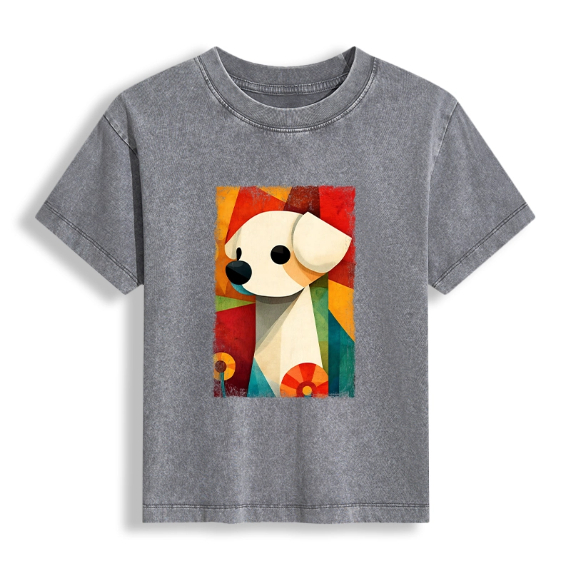 Tokyo-Tiger Retro Abstract Color Block Puppy Art Women's Washed T-shirt