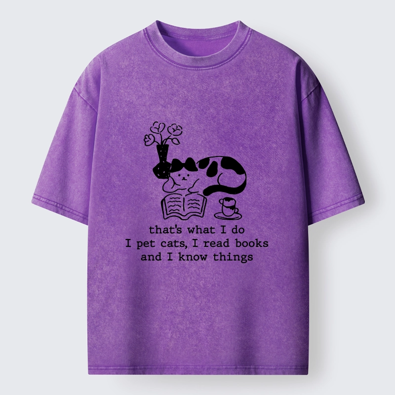 Tokyo-Tiger Book Loving Coffee Cat Washed T-Shirt