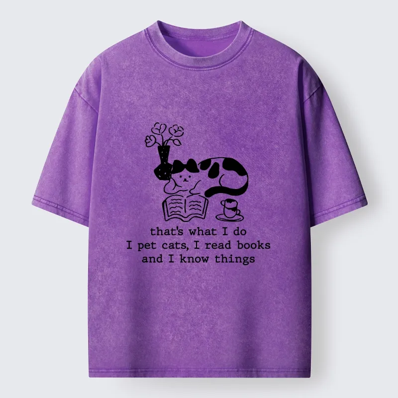 Tokyo-Tiger Book Loving Coffee Cat Washed T-Shirt