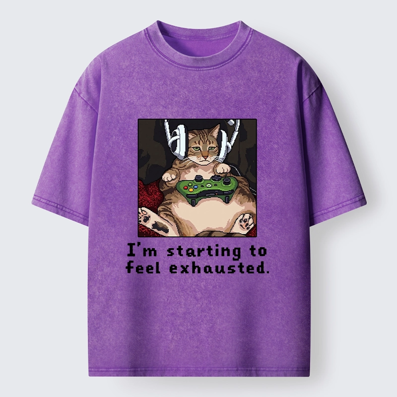 Tokyo-Tiger Exhausted Gamer Cat Washed T-Shirt