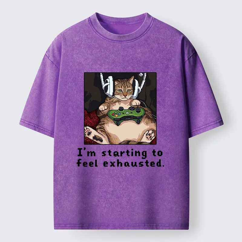 Tokyo-Tiger Exhausted Gamer Cat Washed T-Shirt