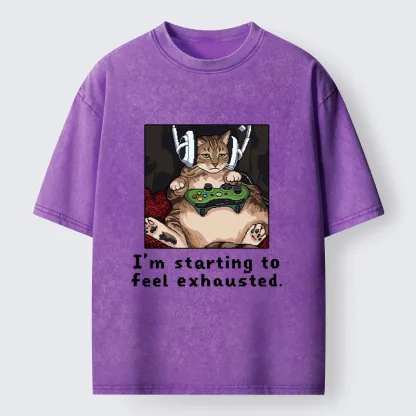 Tokyo-Tiger Exhausted Gamer Cat Washed T-Shirt