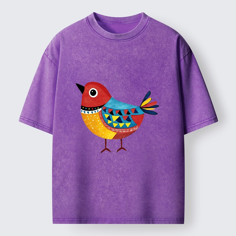 Tokyo-Tiger Folk Art Color Bird Washed T-Shirt