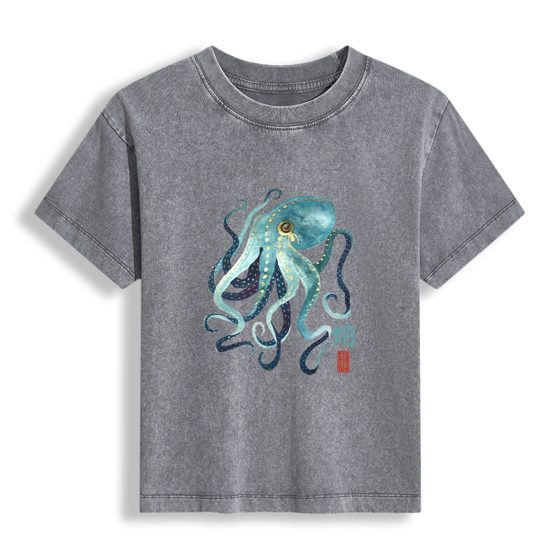 Tokyo-Tiger Soft Watercolor Octopus Japanese Art Women's Washed T-shirt
