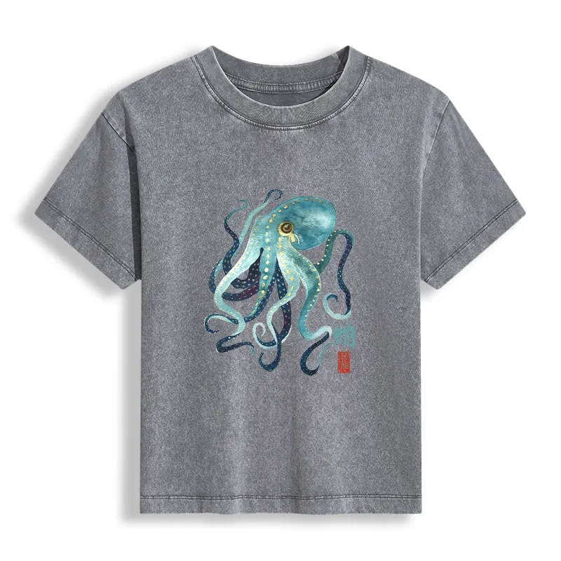 Tokyo-Tiger Soft Watercolor Octopus Japanese Art Women's Washed T-shirt Sale