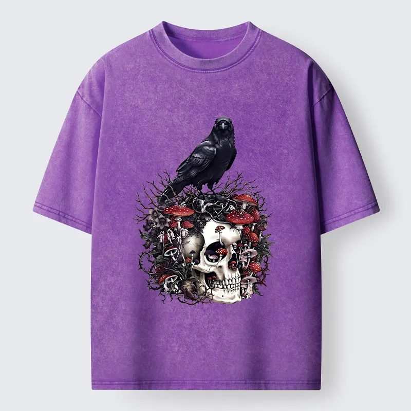 Tokyo-Tiger Crow Skull Mushroom Art Washed T-Shirt