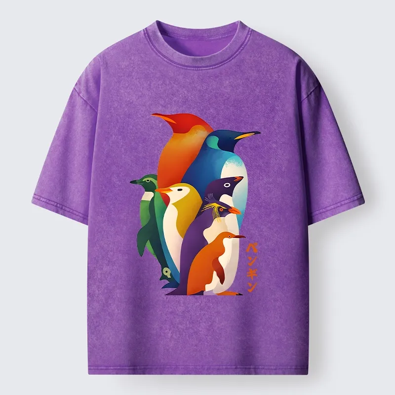 Tokyo-Tiger Cute Multi Tone Penguins Washed T-Shirt