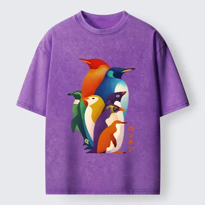 Tokyo-Tiger Cute Multi Tone Penguins Washed T-Shirt