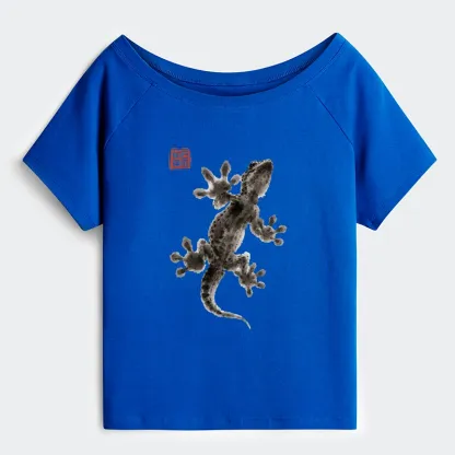 Tokyo-Tiger Minimal Asian Ink Brush Gecko Vibe Off Shoulder T-Shirt