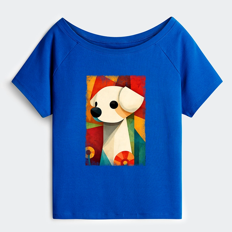 Tokyo-Tiger Retro Abstract Color Block Puppy Art Off Shoulder T-Shirt