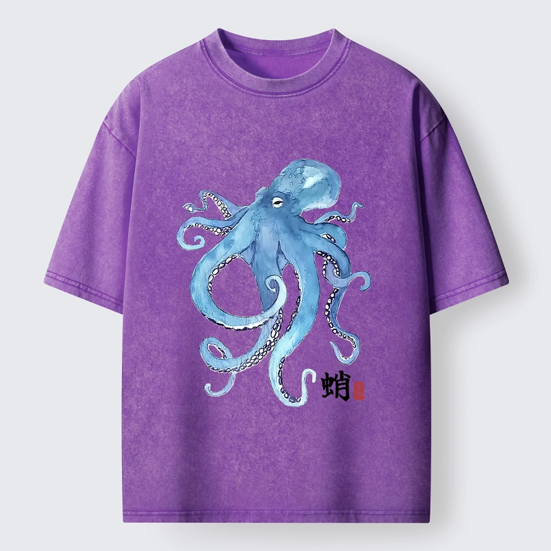 Tokyo-Tiger Watercolor Blue Octopus Washed T-Shirt