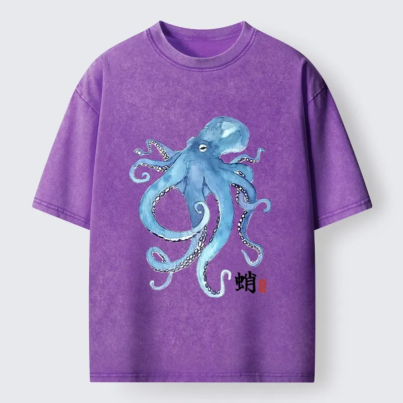 Tokyo-Tiger Watercolor Blue Octopus Washed T-Shirt