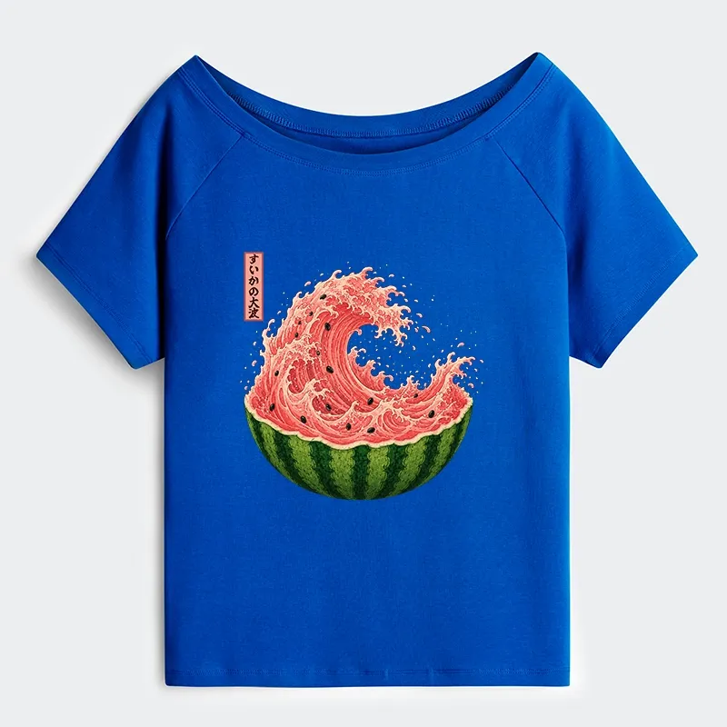 Tokyo-Tiger Watermelon Wave Summer Ukiyo Art Off Shoulder T-Shirt Sale