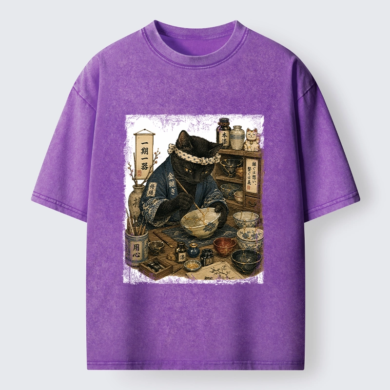 Tokyo-Tiger One Time Meeting Cat Art Washed T-Shirt