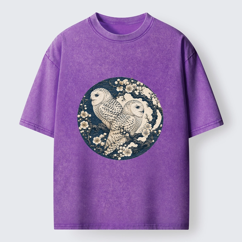 Tokyo-Tiger Snow Owl Plum Blossom Art Washed T-Shirt