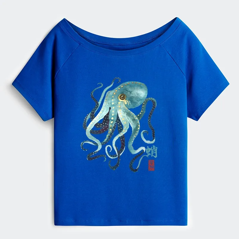 Tokyo-Tiger Soft Watercolor Octopus Japanese Art Off Shoulder T-Shirt