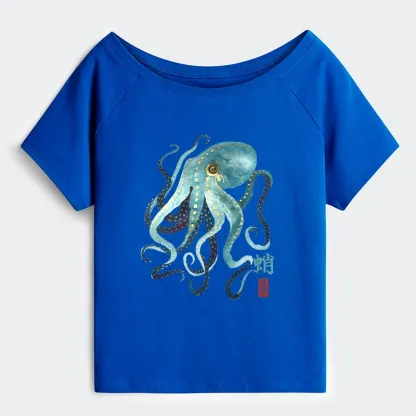 Tokyo-Tiger Soft Watercolor Octopus Japanese Art Off Shoulder T-Shirt