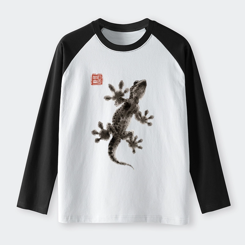 Tokyo-Tiger Minimal Asian Ink Brush Gecko Vibe Raglan Long Sleeve T-shirt