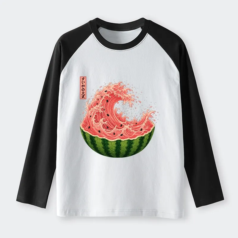 Tokyo-Tiger Watermelon Wave Summer Ukiyo Art Raglan Long Sleeve T-shirt Sale