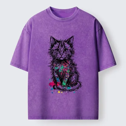 Tokyo-Tiger Splash Ink Art Cat Washed T-Shirt
