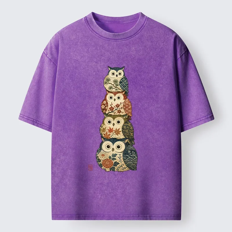 Tokyo-Tiger Stacked Floral Owls Washed T-Shirt