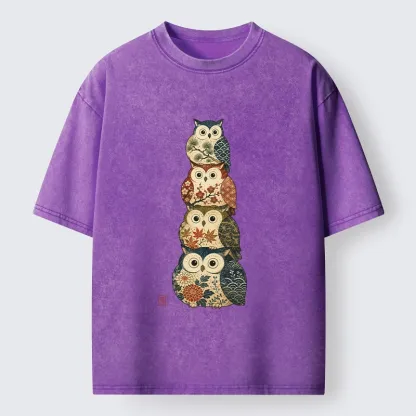 Tokyo-Tiger Stacked Floral Owls Washed T-Shirt