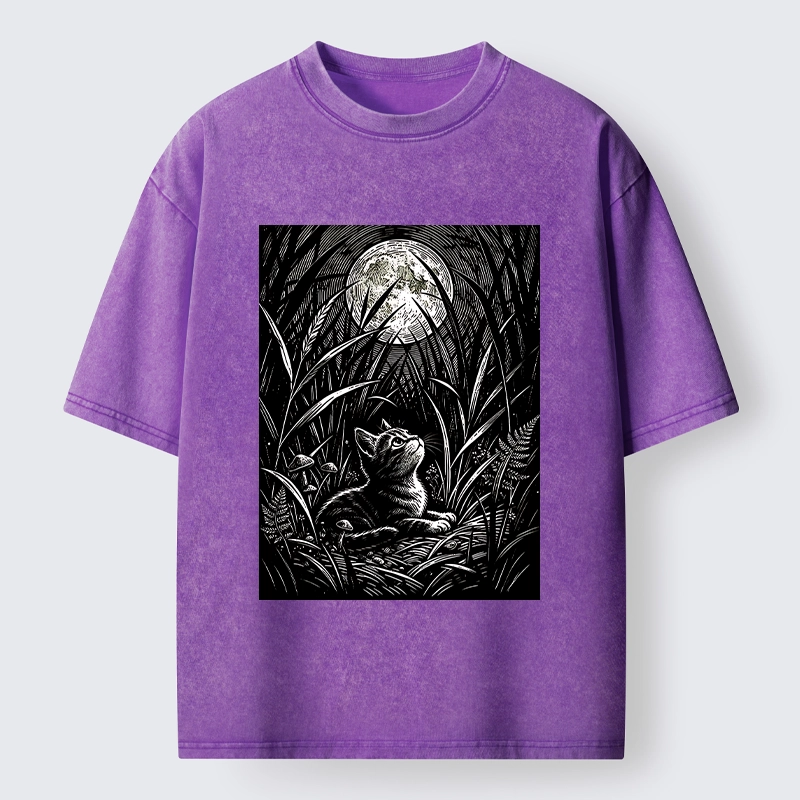 Tokyo-Tiger Woodcut Night Cat Print Washed T-Shirt