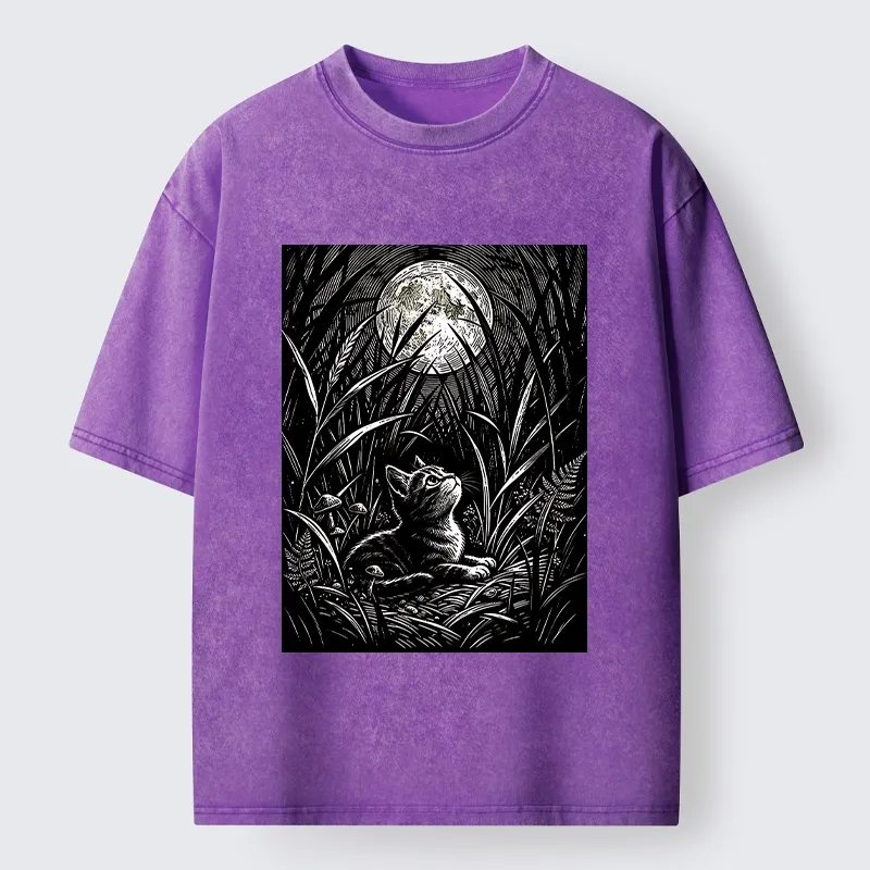 Tokyo-Tiger Woodcut Night Cat Print Washed T-Shirt