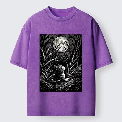 Tokyo-Tiger Woodcut Night Cat Print Washed T-Shirt
