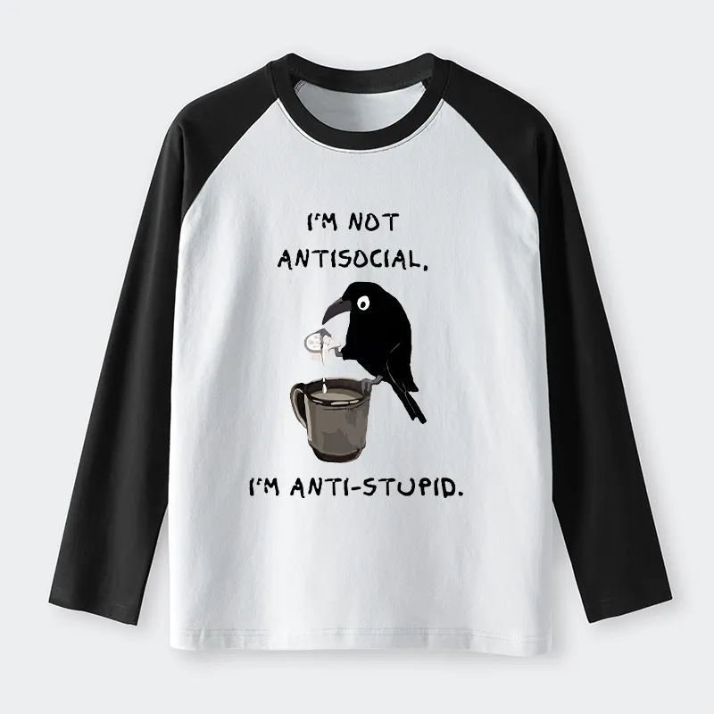 Tokyo-Tiger Cool Crow Sips Calm Coffee Alone Raglan Long Sleeve T-shirt Sale