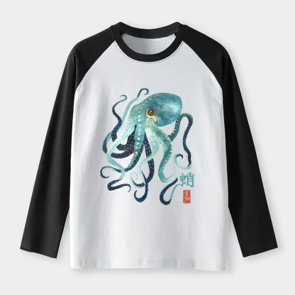 Tokyo-Tiger Soft Watercolor Octopus Japanese Art Raglan Long Sleeve T-shirt