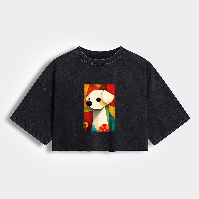 Tokyo-Tiger Retro Abstract Color Block Puppy Art Women's Washed Crop T-Shirt