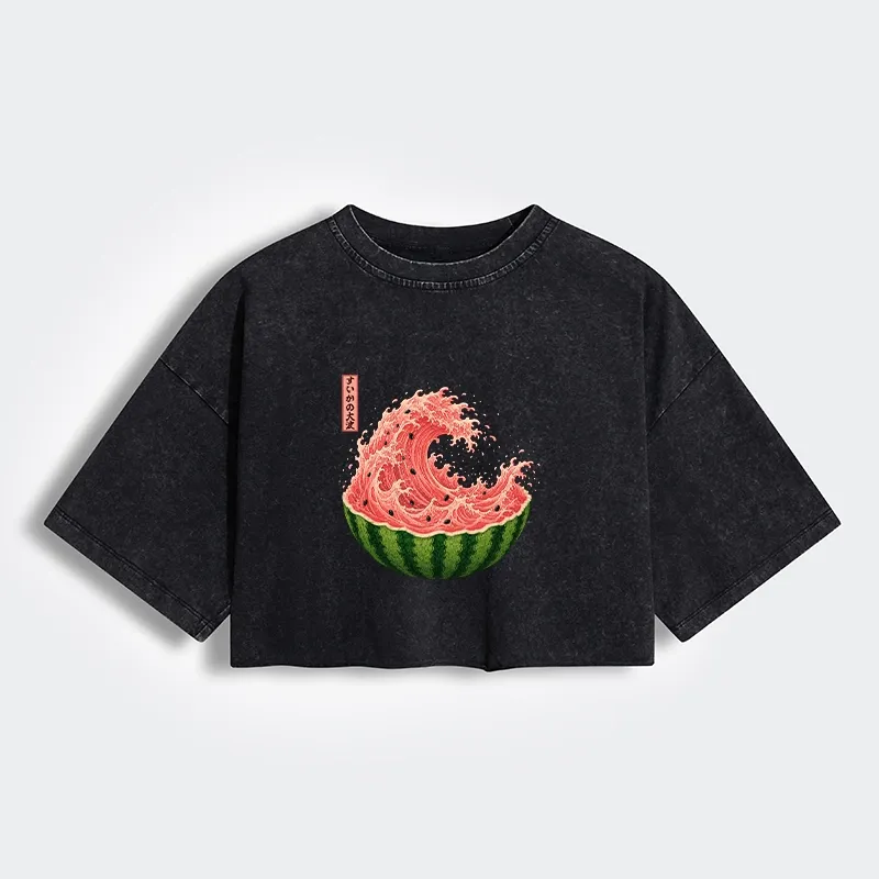 Tokyo-Tiger Watermelon Wave Summer Ukiyo Art Women's Washed Crop T-Shirt