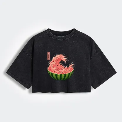 Tokyo-Tiger Watermelon Wave Summer Ukiyo Art Women's Washed Crop T-Shirt