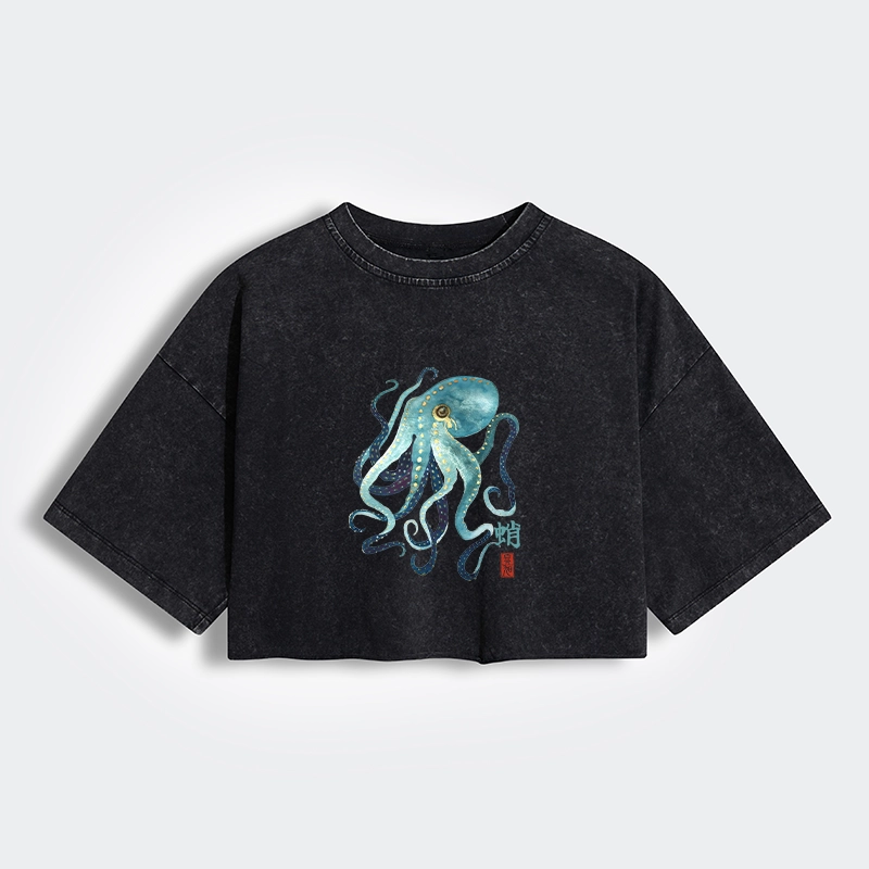 Tokyo-Tiger Soft Watercolor Octopus Japanese Art Women's Washed Crop T-Shirt