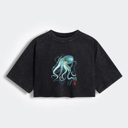 Tokyo-Tiger Soft Watercolor Octopus Japanese Art Women's Washed Crop T-Shirt