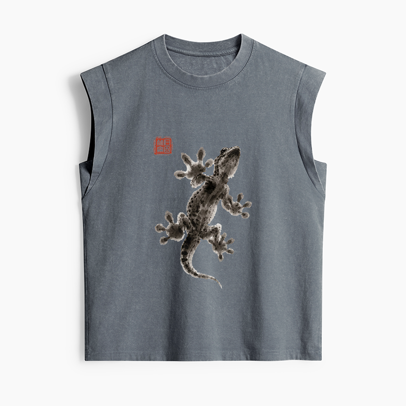 Tokyo-Tiger Minimal Asian Ink Brush Gecko Vibe Women's Washed Tank Tops