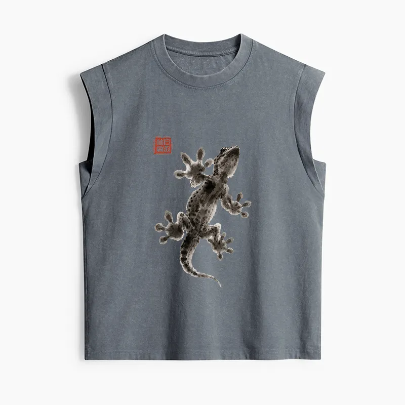 Tokyo-Tiger Minimal Asian Ink Brush Gecko Vibe Women's Washed Tank Tops