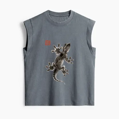 Tokyo-Tiger Minimal Asian Ink Brush Gecko Vibe Women's Washed Tank Tops