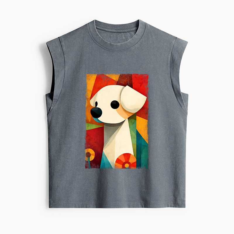 Tokyo-Tiger Retro Abstract Color Block Puppy Art Women's Washed Tank Tops