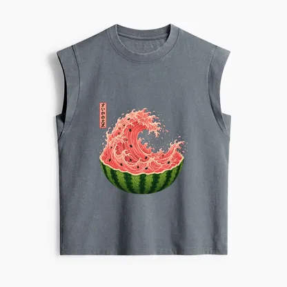 Tokyo-Tiger Watermelon Wave Summer Ukiyo Art Women's Washed Tank Tops